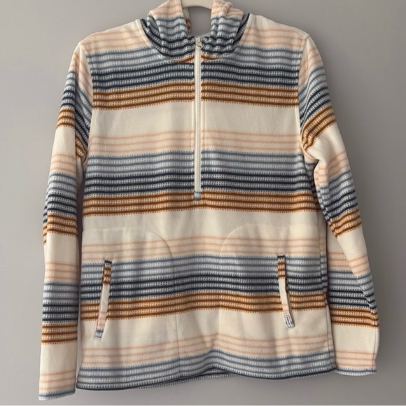 O'Neill half Zip pullover with hood 2 front side pockets cream blue brown strip - Picture 1 of 6